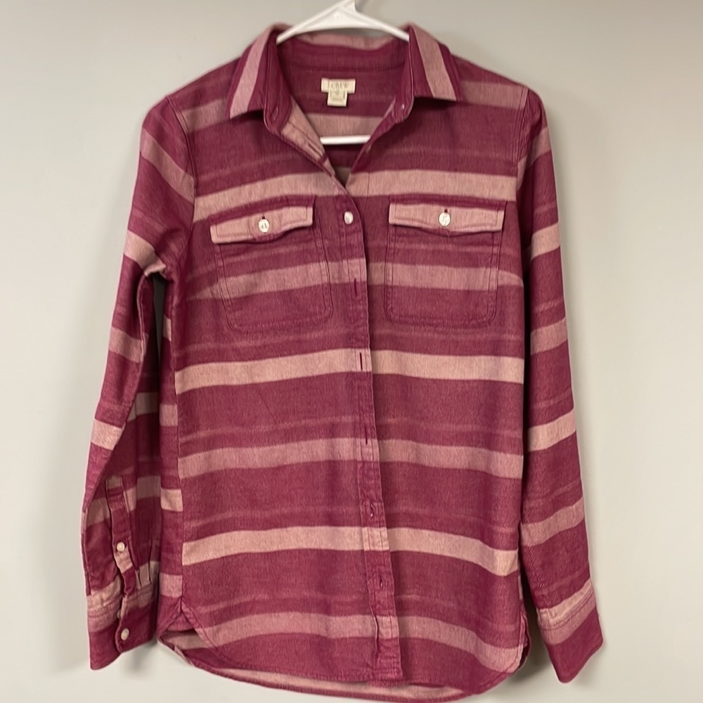 J Crew striped  button down shirt, XS, Roomy, plum & lavender, heavy fabric
